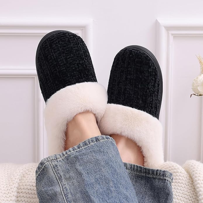 Evshine Warm Knit House Slippers for Women Comfy Wool-Like Lined Chenille Slippers with Memory Foam and Indoor Outdoor Soles