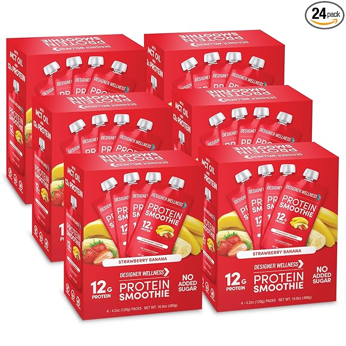 Designer Wellness Protein Smoothie, Real Fruit, 12g Protein, Low Carb, Zero Added Sugar, Gluten-Free, Non-GMO, No Artificial Colors or Flavors, Strawberry Banana, 24 Count
