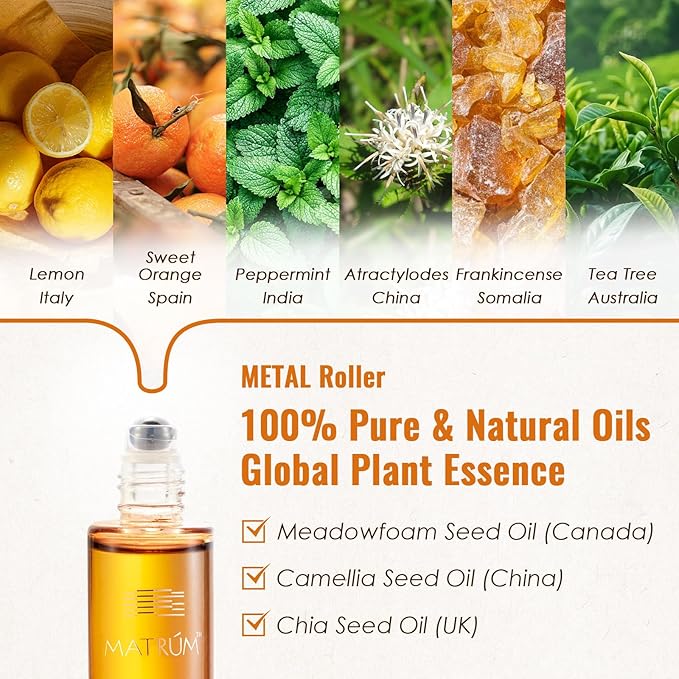 MATRUM Breathe Essential Oil Roll On, 100% Pure Fresh Mint Citrus Aromatherapy Blend Oil for Clear Breathing & Uplifting, Headache Relief, Calm & Focus, Metal Roller, 0.5 Fl Oz