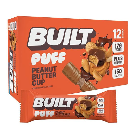 BUILT Bar, Puff Protein Snack Bars, Peanut Butter Cup, On-The-Go Bars, 17g Protein, Only 150 Calories, 6g Sugar, Plus Collagen, Gluten Free, 12 Count