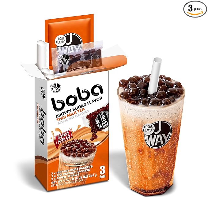 J WAY Instant Thai Milk Tea Kit with Authentic Brown Sugar Tapioca Boba, Ready in Under One Minute, Paper Straws Included - 3 Servings
