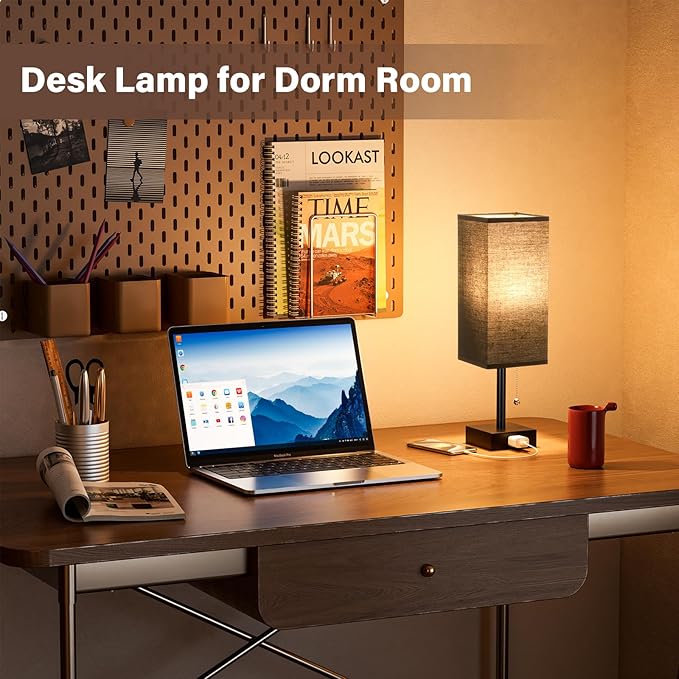Fenmzee Black Table Lamps for Bedroom Set of 2 - Nightstand Lamp with AC Outlet Charging Port, 3 Color Temperatures Desk Light with Bulb, Small Tabletop Reading Lamp for Living Room/Dorm/Office