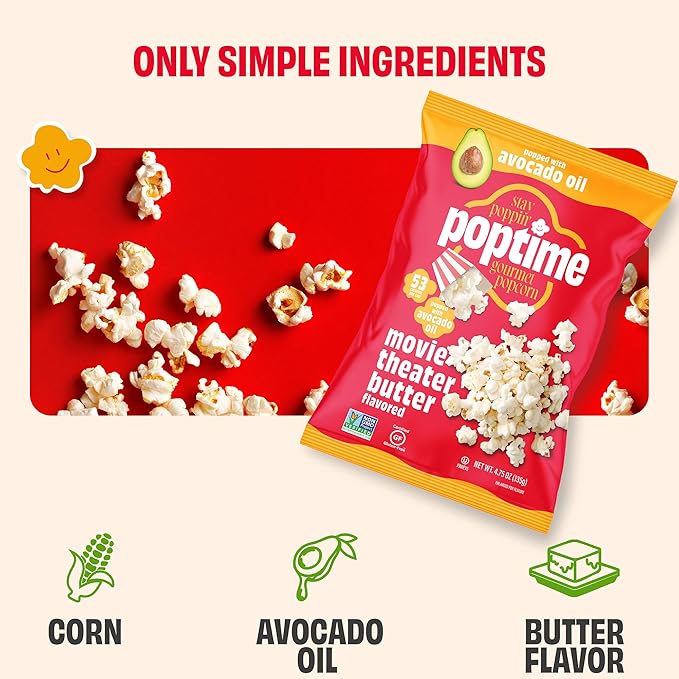 Poptime Movie Theater Butter Popcorn Snack Bags – Gourmet Flavored Popcorn Bags, Healthy Snack With Heart-Healthy Avocado Oil, Gluten Free, Vegan, Low Calorie, Non-GMO, Kosher - 4.75 oz - Pack 4