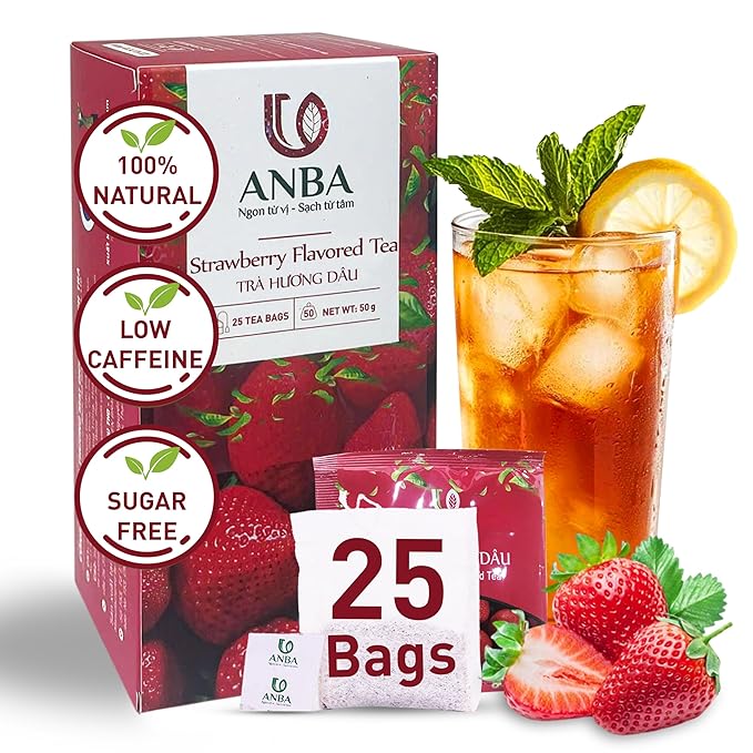 ANBA Black Tea Bags Strawberry Flavor, 25 Count | Sweet & Sour Notes Bold Taste | Naturally Caffeinated | Naturally Fermented | No Sugar Added | ISO HACCP Certified