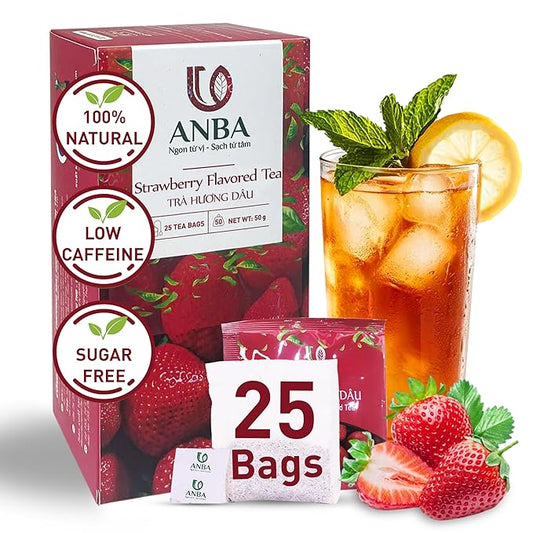 ANBA Black Tea Bags Strawberry Flavor, 25 Count | Sweet & Sour Notes Bold Taste | Naturally Caffeinated | Naturally Fermented | No Sugar Added | ISO HACCP Certified