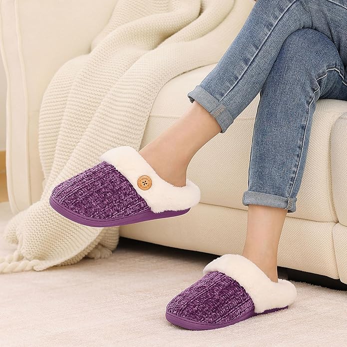 Evshine Warm Knit House Slippers for Women Comfy Wool-Like Lined Chenille Slippers with Memory Foam and Indoor Outdoor Soles
