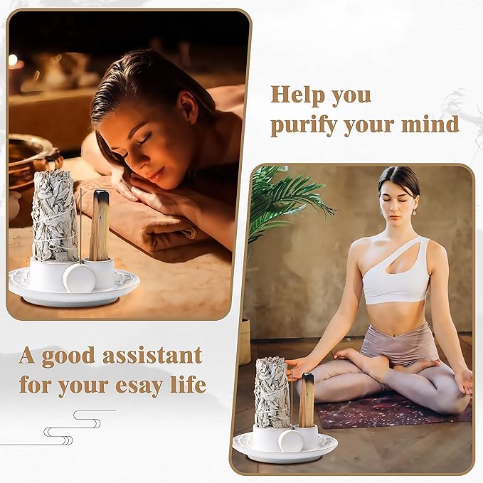4 in 1 Incense Holder, Ceramic Incense Stick and Palo Santo Holder,Sage Holder for Burning- 5.5" Ceramic Ash Catcher Tray for Meditation and Yoga Room (White)