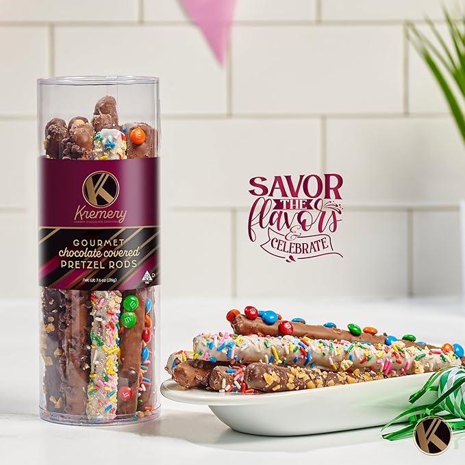 KREMERY Creamy Chocolate Cravings - Diwali Sweets Hamper Chocolate Covered Pretzel Rods Gift Basket, in Clear Tube (8 Pretzels, Assorted Sweet Toppings) Food Arrangement