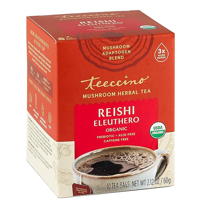 Teeccino Reishi Eleuthero Tea - French Roast - Organic Mushroom Adaptogenic Herbal Tea, 3x More Herbs than Regular Tea Bags, Caffeine Free, Chicory Prebiotic - 10 Tea Bags