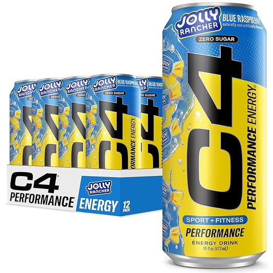 Cellucor C4 Performance Energy Drink | JOLLY RANCHER Blue Raspberry | Zero Sugar Carbonated Preworkout Energy | 200mg Caffeine with Beta Alanine | 16 Fl Oz (12 Pack)