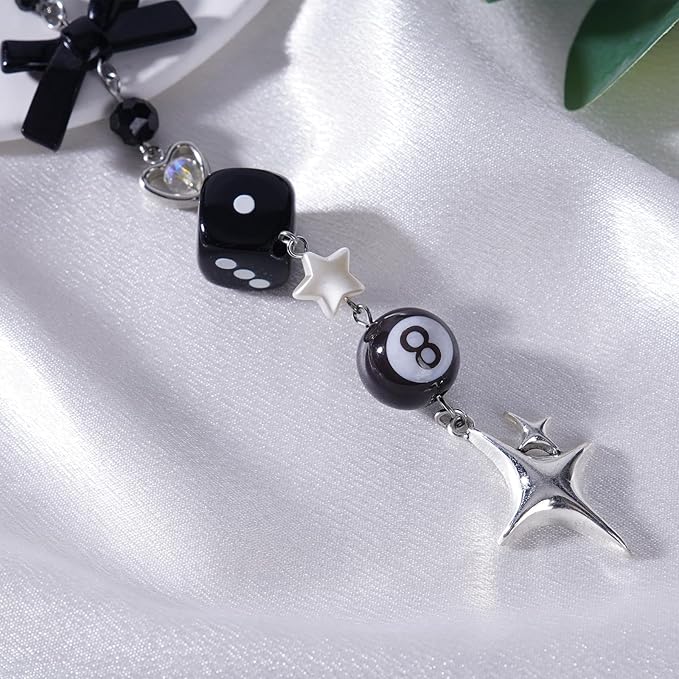 Black Bow Beaded Car Rearview Mirror Chain - Y2K Aesthetic Hanging Charm with 8 Ball & Star Pendant, Cute Car Interior Decor Ornament Accessory, Gift for Women Men