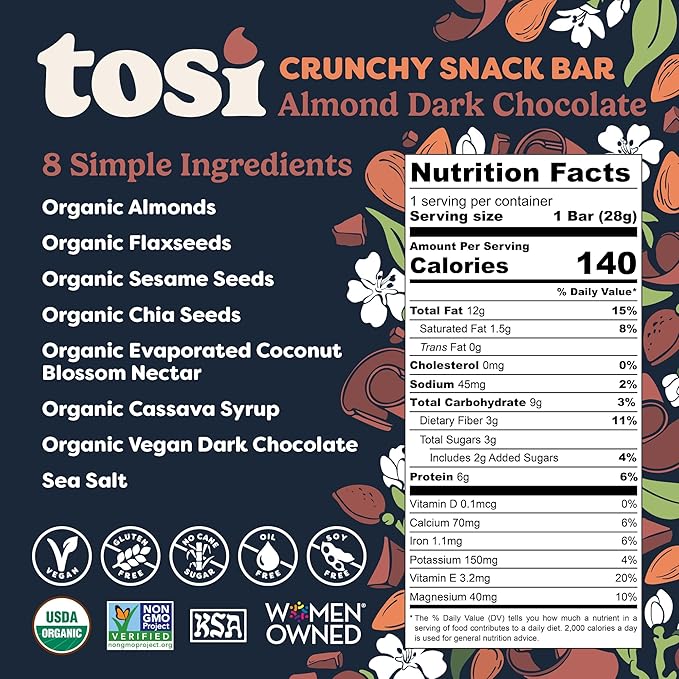 Tosi Variety Pack Protein Bars, Plant Based with Nuts, Gluten-Free Crunchy Snacks, Vegan, Organic, Flax & Chia Seeds, Soy-Free, Omega 3s, 5G-20G Protein, 1 oz and 2.4 oz, 8-Pack