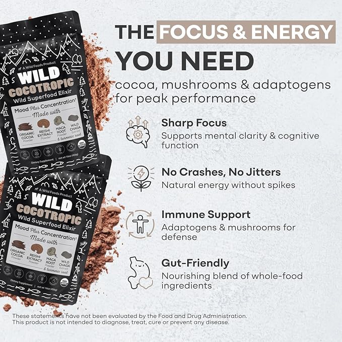 Wild Cocotropic Organic Mushroom Cocoa Mix - Healthy Vegan Hot Chocolate Mix - Organic Cacao Powder, Reishi, Chaga, Maca, Turmeric - 3rd Party Tested - Sugar Free - Keto & Paleo - (2 packs of 16oz)