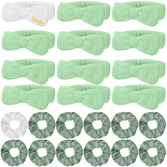 24 Pcs Bachelorette Party Favors Include 12 Bride Bridesmaid Spa Headband 12 Bridesmaid Gifts Scrunchies for Women Sleepover Spa Bachelorette Party Accessories Supplies(White, Green)