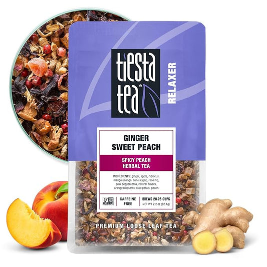 Tiesta Tea - Ginger Sweet Peach, Loose Leaf, Spicy Peach Herbal Tea, Non-Caffeinated Tranquility Blend, Bulk Herbal Leaves with Hibiscus & Cane Sugar, 25 Cups, 2.2 Ounce Resealable Pouch