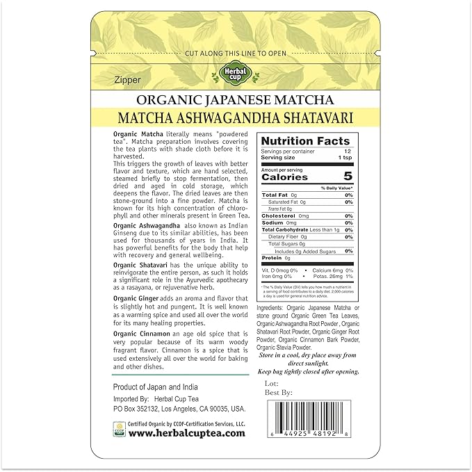 Herbal Cup Tea Organic Japanese Matcha Ashwagandha Shatavari, 2oz