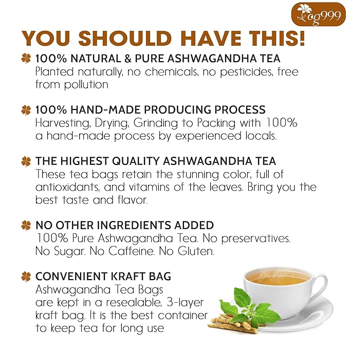 TOG999, Premium 60 Ashwagandha Root Tea Bags, 100% Natural & Pure, Ashwagandha Root Herbal Tea. No Sugar, No Caffeine, No Gluten, Vegan.