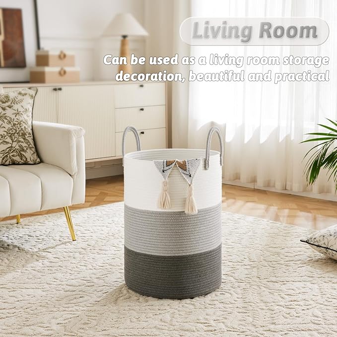 Laundry Basket,Woven Cotton Rope Laundry Hamper,80L for Decorative Storage of Dirty Clothes,Toys and Blankets in Bathroom,Bedroom and Living Room