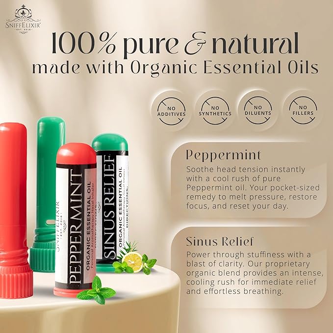 2 Pack Peppermint Inhaler Plus Sinus Nasal Inhaler – Aromatherapy Sticks for Sinus Pressure, Nausea Inhaler, Migraine Stick & Motion Sickness – Portable Essential Oil Inhalers for Adults