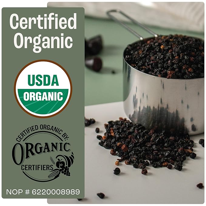 J Mac Botanicals Certified USDA - 100% Organic Dried Elderberries - 1lb Bulk - Non-Irradiated, Non-GMO, Whole Black Elderberry Immune Support - Raw Vegan Sambucus 1 Pound