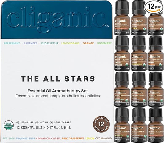 Cliganic Organic Aromatherapy TOP 12 Essential Oils Set, 100% Pure - Peppermint, Lavender, Eucalyptus, Tea Tree, Lemongrass, Rosemary, Frankincense, Orange, Lemon, Cassia, Cedarwood & Grapefruit