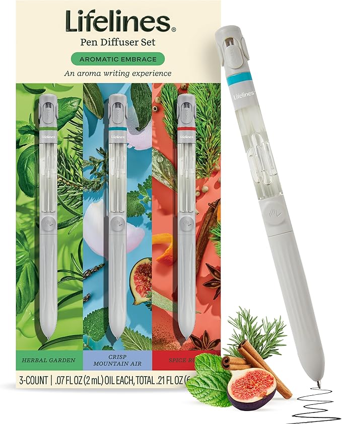 Lifelines Pen Diffuser Set, Aromatic Embrace 3-Pack – 1mm Black Ballpoint Pens with Scented Essential Oil Blends – Aromatherapy Diffuser & Sensory Immersion Diffuse Aroma As You Write