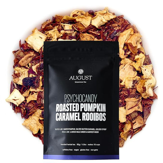 August Uncommon Psychocandy Loose Leaf Tea – Roasted Pumpkin Caramel South African Rooibos Tea – Vegan, Gluten-Free & Non-GMO – Creamy Caramel Flavor for Bedtime – Resealable 1.75oz Pouch (15-30 Cups)