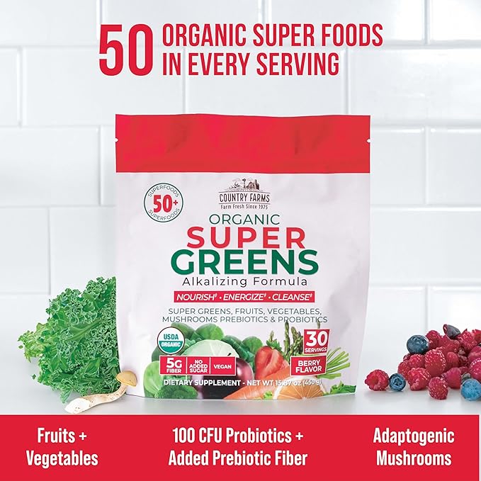 Country Farms Super Greens Berry Flavor, 50 Organic Super Foods, USDA Organic Drink Mix (Wheat Grass, Spirulina, Chlorella) Mushrooms & Probiotics, with Fiber, Gut Health, Natural Energy, 30 Servings