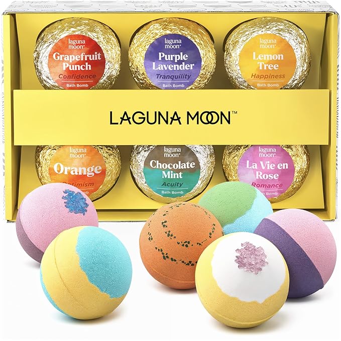 Lagunamoon Bath Bombs Gift Set, 6 Piece XXL Handmade Fizzy Shower Bombs with Essential Oils, Coconut Oil to Moisturize Dry Skin - Relaxing Spa Day for Women, Men, Kids - Birthday, Anniversary