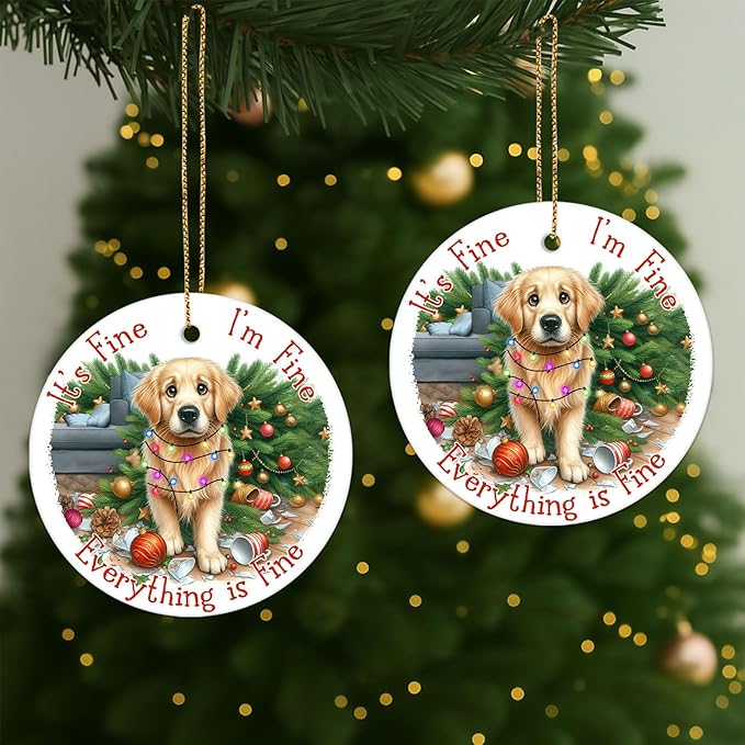 34HD 2.9"" Lightweight Ceramic Ornament for Christmas Tree, Both Sides Printed Flat Hanging Ornament, Gifts for Christmas, Christmas Decoration - Golden Retriever