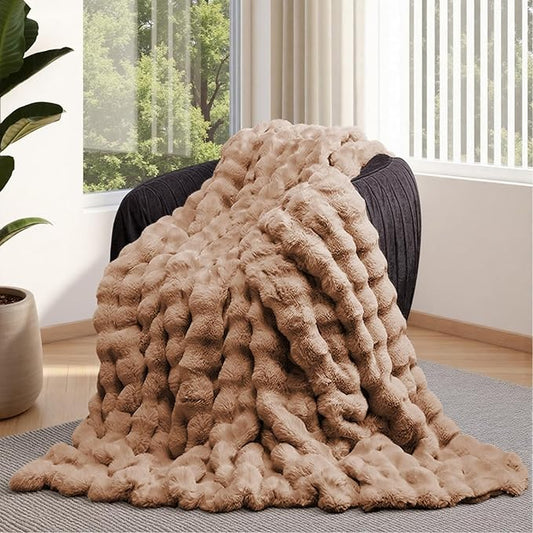 Lotus Karen Faux Fur Throw Blanket Khaki - Big Bubble Rabbit Fluff Blanket for Couch, Small Fluffy Fuzzy Cozy Blanket, Thick Furry Plush Shaggy Blankets, 50x60 Inches