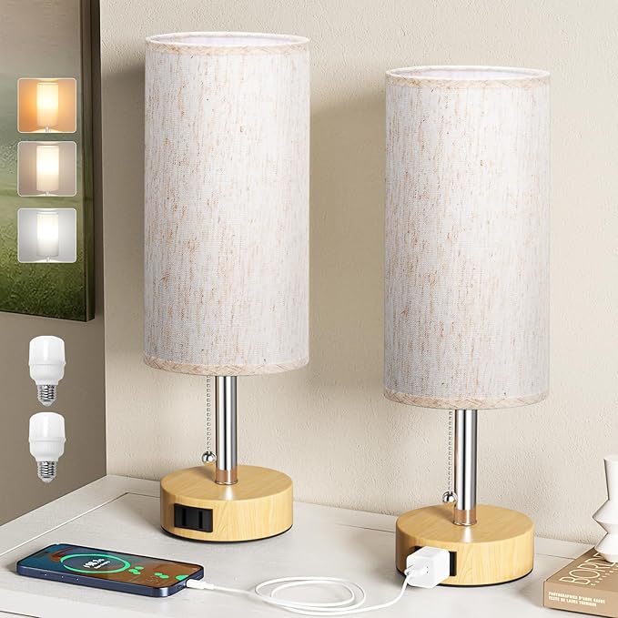 Fenmzee Wood Grain Bedside Table Lamps Set of 2-3 Color Temperatures Pull Chain Lamp with AC Outlet Charging Port, Round Night Stand Lamps for Bedroom Office, Small Bed Light with E26 LED Bulbs