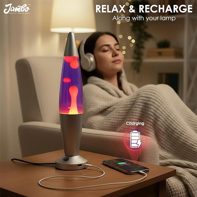 JAMBO 16" Beautiful Liquid Motion Lamp with USB -Purple with Yellow/Orange Wax for Adults, Teens and Kids, Magma Lamp, Home Decor Living Room Office Bedroom, Relaxing Night Light Nightlight