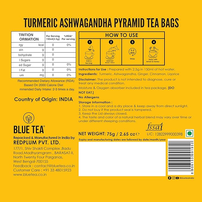 BLUE TEA - Turmeric Tea - Ashwagandha - 30 Count - Pyramid Plant Based Tea Bag | CURCUMIN RICH - HERBAL BLEND | Herbal Tea - Caffeine Free - Non-GMO - Vegan - Gluten Free - No Sugar | Reusable Tin Pack