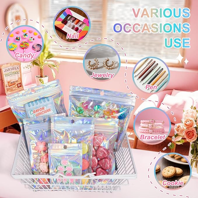 ANZNKU 100 Pack Mylar Bags Reasealable Holographic Bags, Smell Proof Bag Zipper Pouches with Clear Window, Jewelry Candy Sealable Bag for Packaging Sample Party Favor (2.4 x 3.9 Inch)