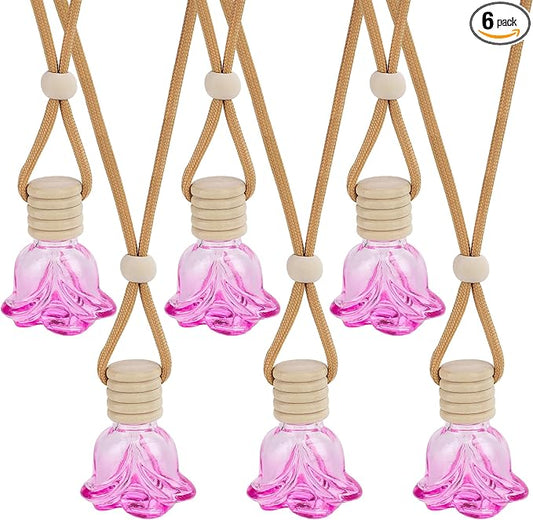6Pcs Flower Shape Air Freshener Car Hanging, Car Aromatherapy Essential Oil Diffuser Bottle, Refillable Perfume Bottles Pendant Auto Interior Decor for Essential Bottle Ornament (Pink)