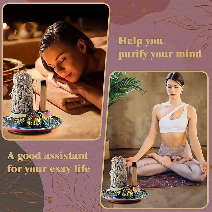 4 in 1 Incense Holder, Ceramic Incense Stick and Palo Santo Holder,Sage Holder for Burning- 5.5" Ceramic Ash Catcher Tray for Meditation and Yoga Room (Colourful)