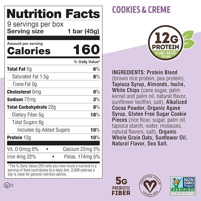 Lenny & Larry's Cookie-fied Protein Bar – Cookies & Creme Vegan Protein Bars 9x45g – Healthy Snacks with 12g Plant Protein & 5g Fiber – Gluten free Power Bar, Keto Friendly, Non-GMO & Vegan