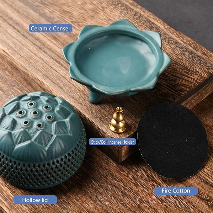 Ceramic Lotus Incense Burner with Incense Stick Holder,Handmade Smudging Burn Bowl Use for Stick/Coil Incense,Sage and Mosquito Incensel (Lotus 01)