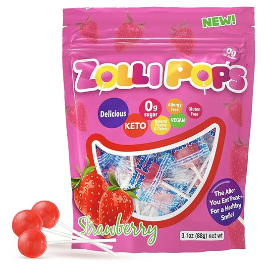 Zollipops Clean Teeth Pops Sugar Free Candy with Xylitol, Dye-Free Lollipops - Keto & Diabetic-Friendly, Dentist-Approved Treats for Kids (Strawberry 3.1 oz)