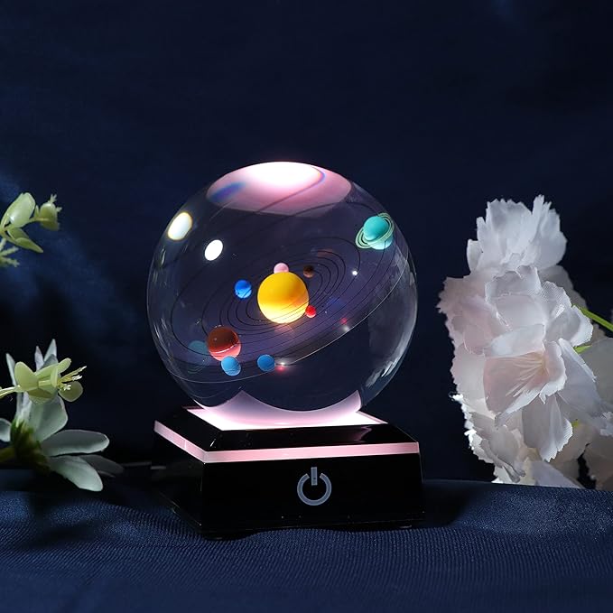 3d Solar System Model Crystal Ball 80mm 3.15inch - Outer Space Astronomy Gifts Room Decor Crystal Sphere Unique Gifts For Men Him Best Birthday Dad Physics Science Teacher Night Light Planet Lamp