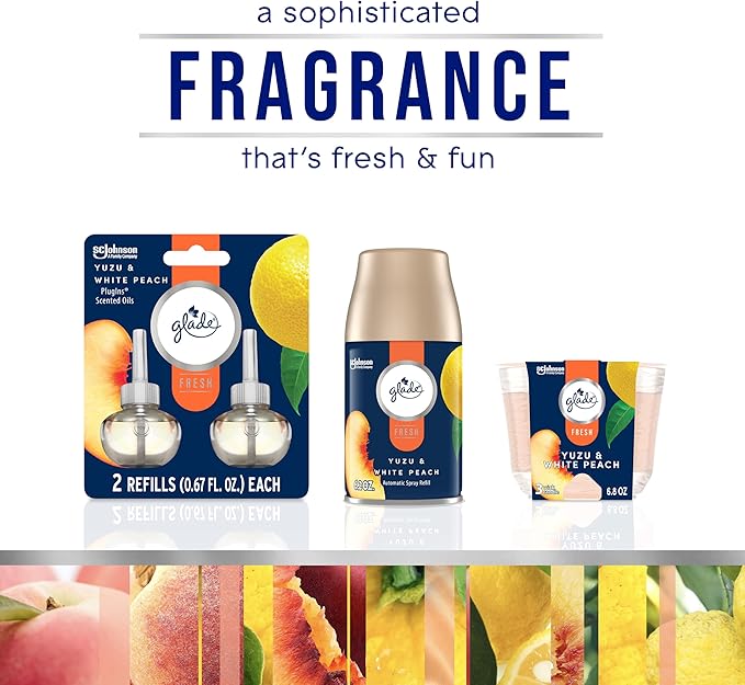 Glade PlugIns Refills Air Freshener, Scented and Essential Oils for Home and Bathroom, Yuzu & White Peach, Fresh Collection 3.35 Fl Oz, 5 Count