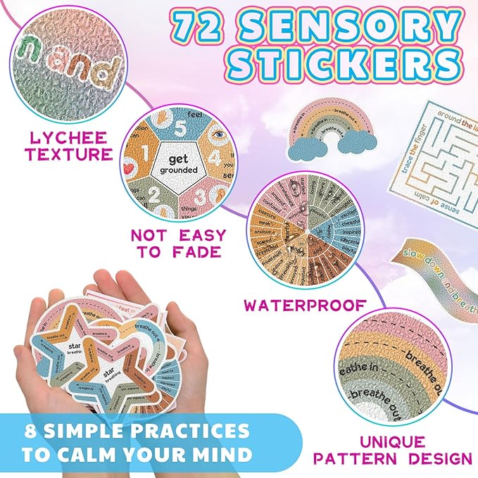 Libima 72 Pieces Anxiety Sensory Stickers Textured Stickers Fidget Mindfulness Sticker School Counselor Supplies Adult Sensory Items Anxiety Relief, 9 Styles(Pastel Color)