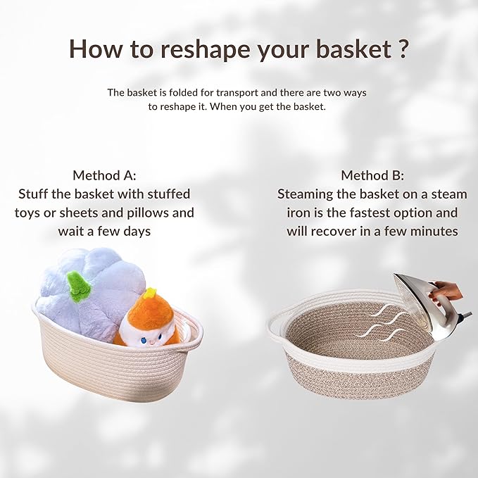 2 Pack Small Woven Storage Basket with Handles 12"x8"x5", Decorative Rope Bin for Home Organization, Shelf Storage,Cotton Rope Room Shelf Storage Basket with Handles