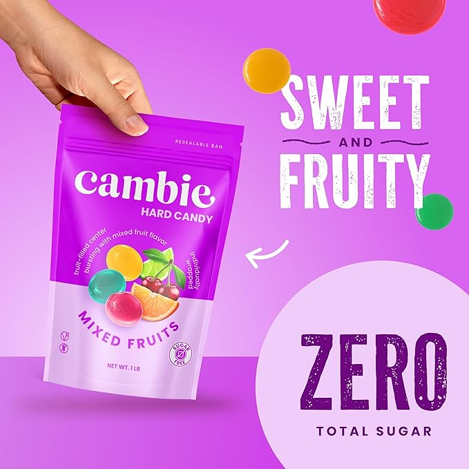 Cambie Sugar Free Mixed Fruit Hard Candy - 1 Pound of Individually Wrapped Sugar Free Hard Candy, Assorted Fruit Flavors with Cherry, Lime, and Orange, Keto & Diabetic Friendly