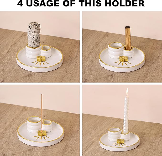 Ceramic Incense Holder Burner, Sage Holder for Burning, Palo Santo Sticks Holder, 5.51" Ash Catch Tray, Smudge Dish for Meditation Yoga, Modern Home Decor Gift