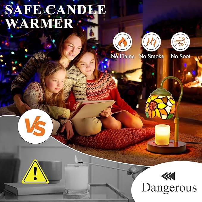 Candle Warmer Lamp - Electric Candle Lamps Timer Dimmer, Sunflower Tiffany Style Stained Glass Candle Warming Lamp Compatible with Jar Candles Gifts for Mom Friend Wax Melt Warmer for Home Decor