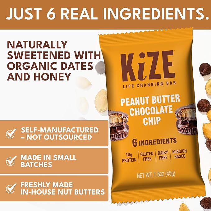 KiZE Energy Bars - Peanut Butter Chocolate Chip - 30-Count - Gluten Free, Dairy Free, Non-GMO, and High Protein Meal Replacement Energy Bars, Clean and Simple Food Ingredients - 10g High Protein Snacks (30 Count)