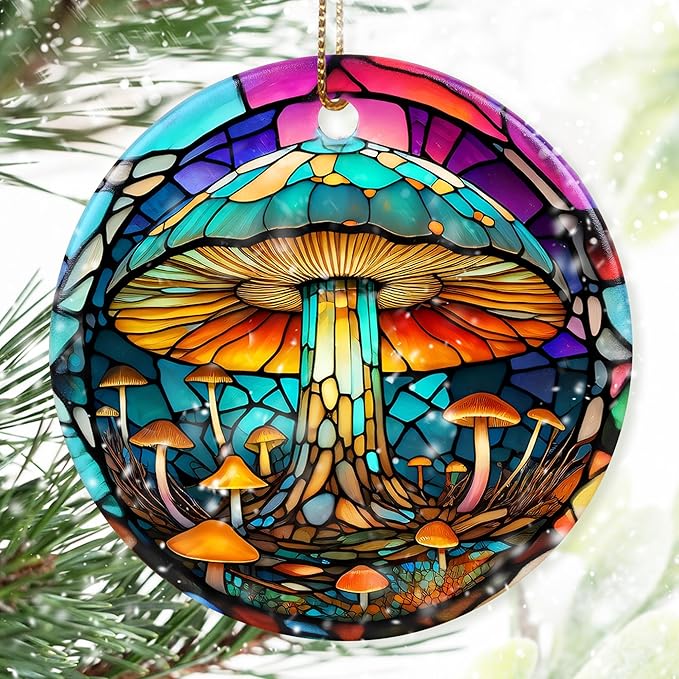 Colorful Ceramic Mushroom Christmas Ornament, Mushroom Lovers Gift, Christmas Decor - Pattern B