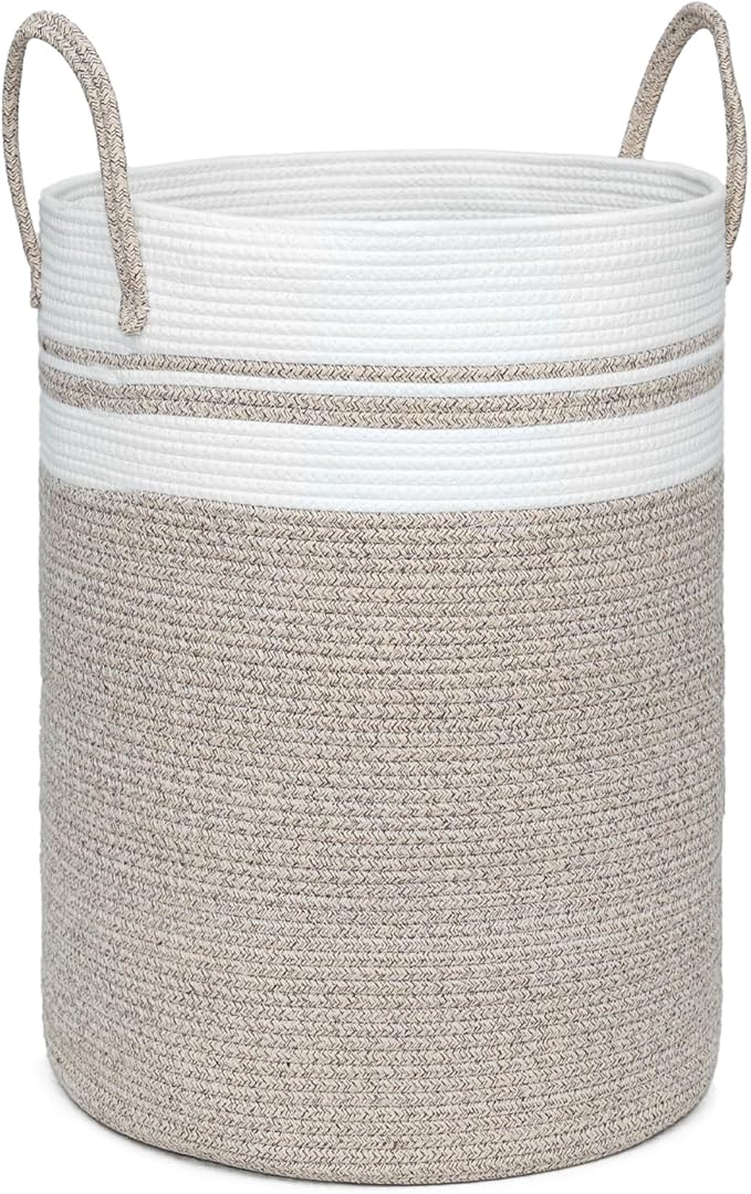 72L Large Laundry Basket, Laundry Hamper with Handles, Clothes Storage Basket, Tall Woven Rope Storage Basket for Dirty Clothes, Blankets, Pillows in Bathroom, Bedroom (Brown, 16 x 22in)